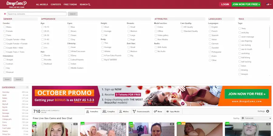 BongaCams platform interface preview